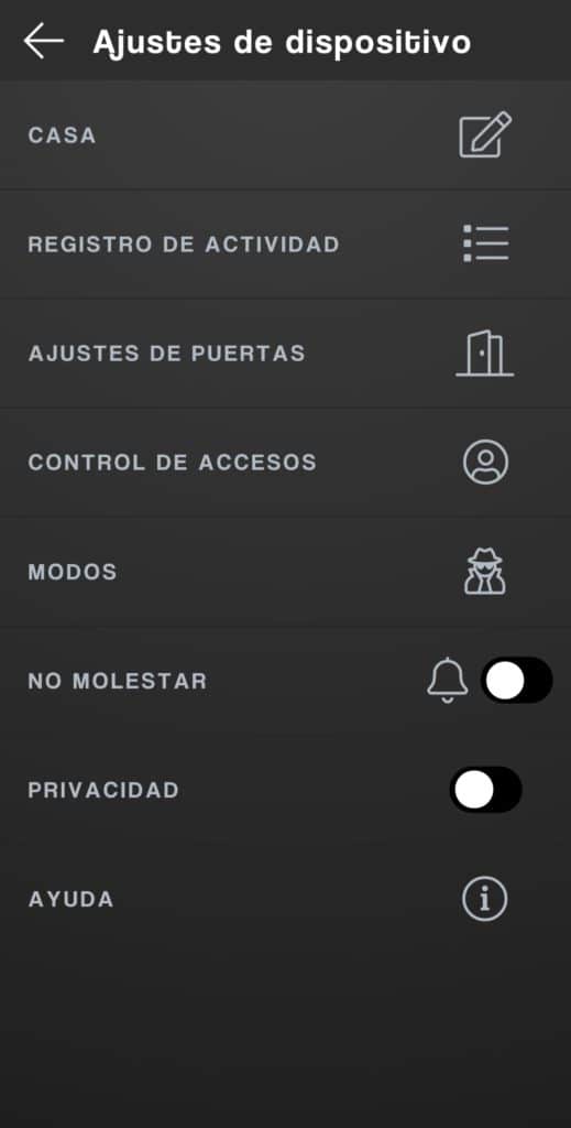 Pantalla del menú de ajustes del dispositivo en la app Qvadis